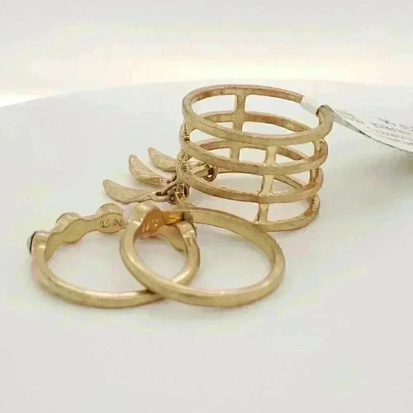 NEW 18k Gold over Silver Boho Opal Leaf Dangle 3 Piece Stack Ring - Picture 5 of 5